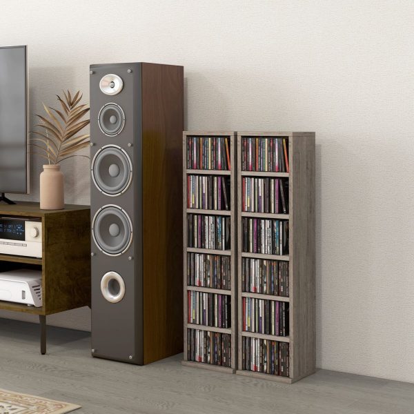 HOMCOM Set of 2 CD Media Display Shelf Unit Tower Rack Adjustable, Mocha Wood - Image 2
