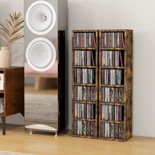 HOMCOM Set of 2 CD Media Display Shelf Unit Tower Rack Adjustable, Rustic Brown - Image 2