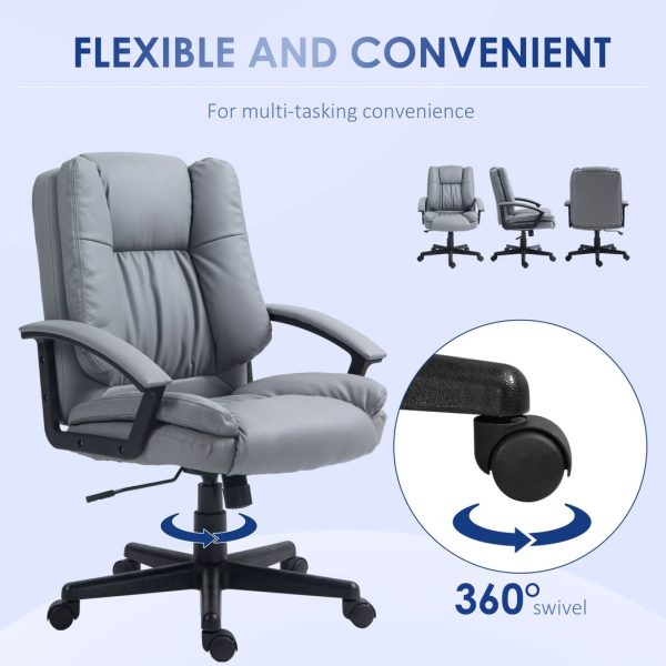 HOMCOM Faux Leather Home Office Chair Mid Back Desk Chair with Arms Light Grey - Image 6