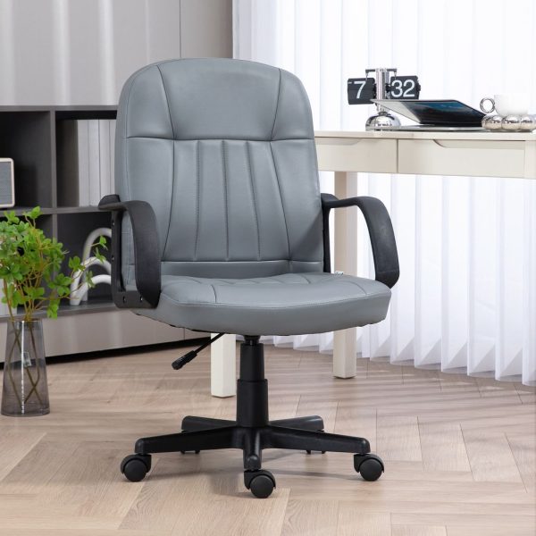 HOMCOM PU Leather Office Chair Swivel Home Mid-Back Computer Desk Chair, Grey - Image 2