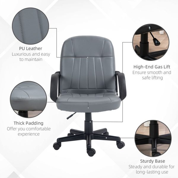 HOMCOM PU Leather Office Chair Swivel Home Mid-Back Computer Desk Chair, Grey - Image 6