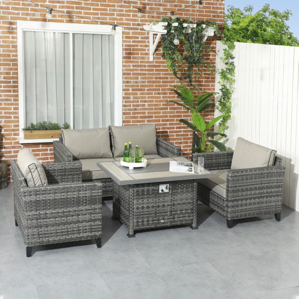 Outsunny 5 PCs Rattan Garden Furniture Set with Gas Fire Pit Table - Image 2