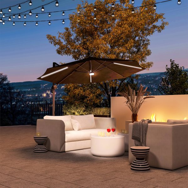 Outsunny 3(m) LED Cantilever Parasol Outdoor with Base Solar Lights Dark Grey - Image 2