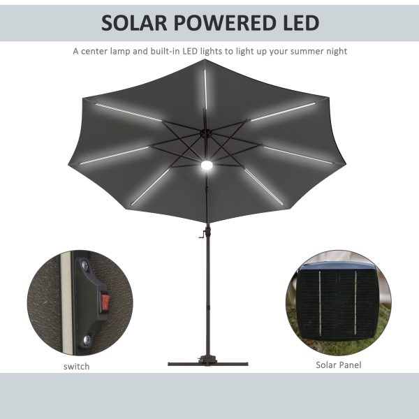 Outsunny 3(m) LED Cantilever Parasol Outdoor with Base Solar Lights Dark Grey - Image 3