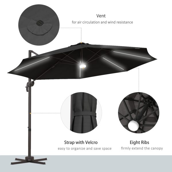 Outsunny 3(m) LED Cantilever Parasol Outdoor with Base Solar Lights Dark Grey - Image 7