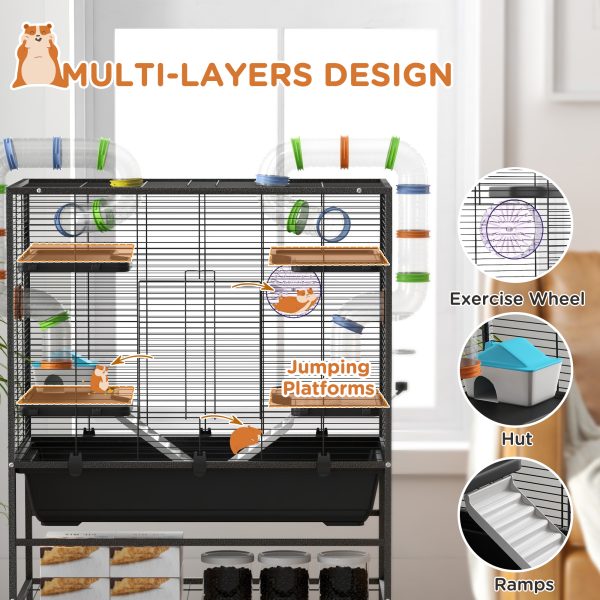 PawHut Large Hamster Cage, Rat Cage with Wheels, Tubes, Storage Shelf, Ramps - Image 3