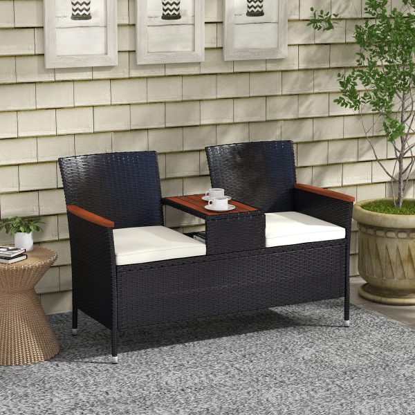 Outsunny Rattan Garden Bench with Wood Top Table, Wicker Chair with Cushions - Image 2