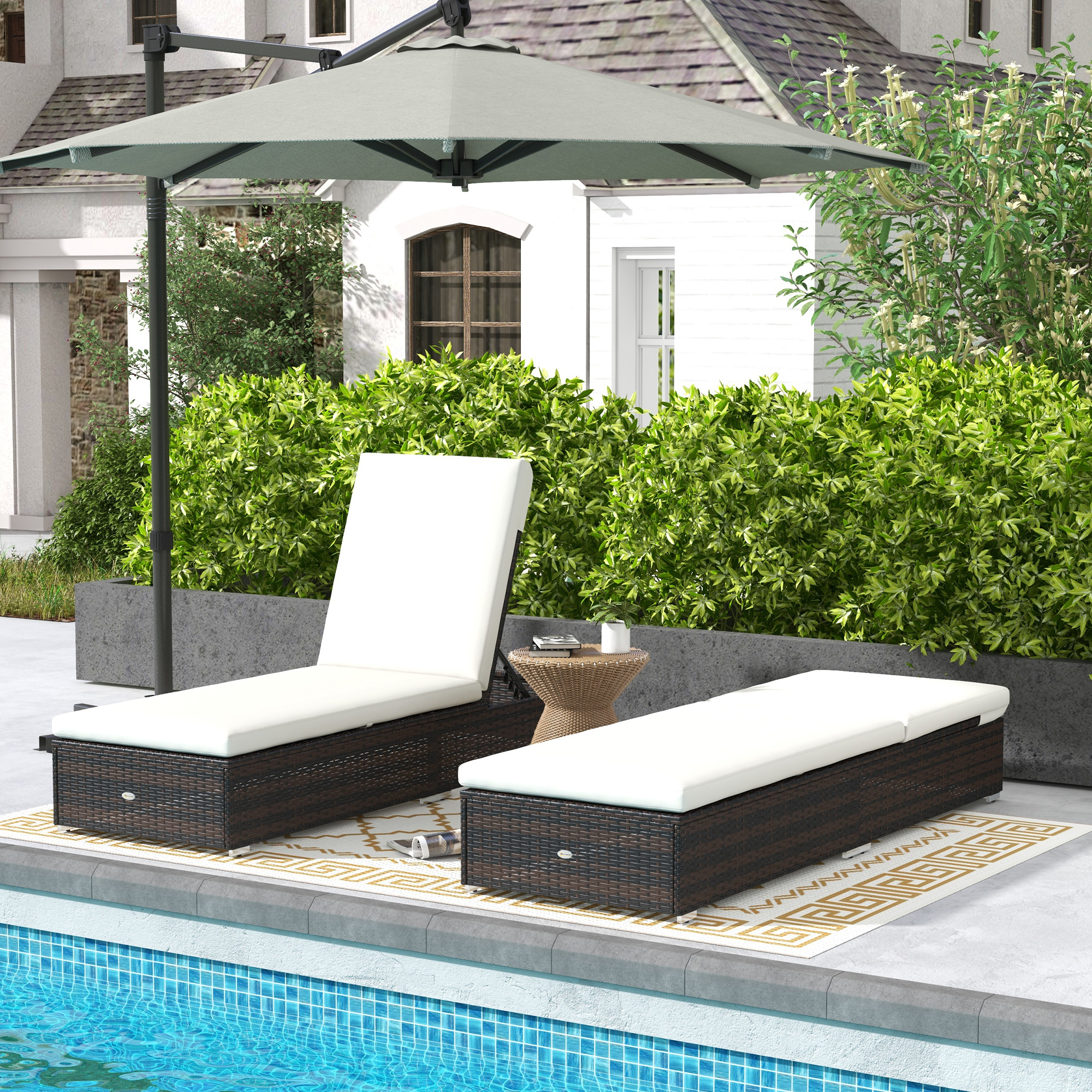 Outsunny Rattan Sun Loungers Set of 2, Recliner Chairs, Adjustable Back, Brown - Image 2