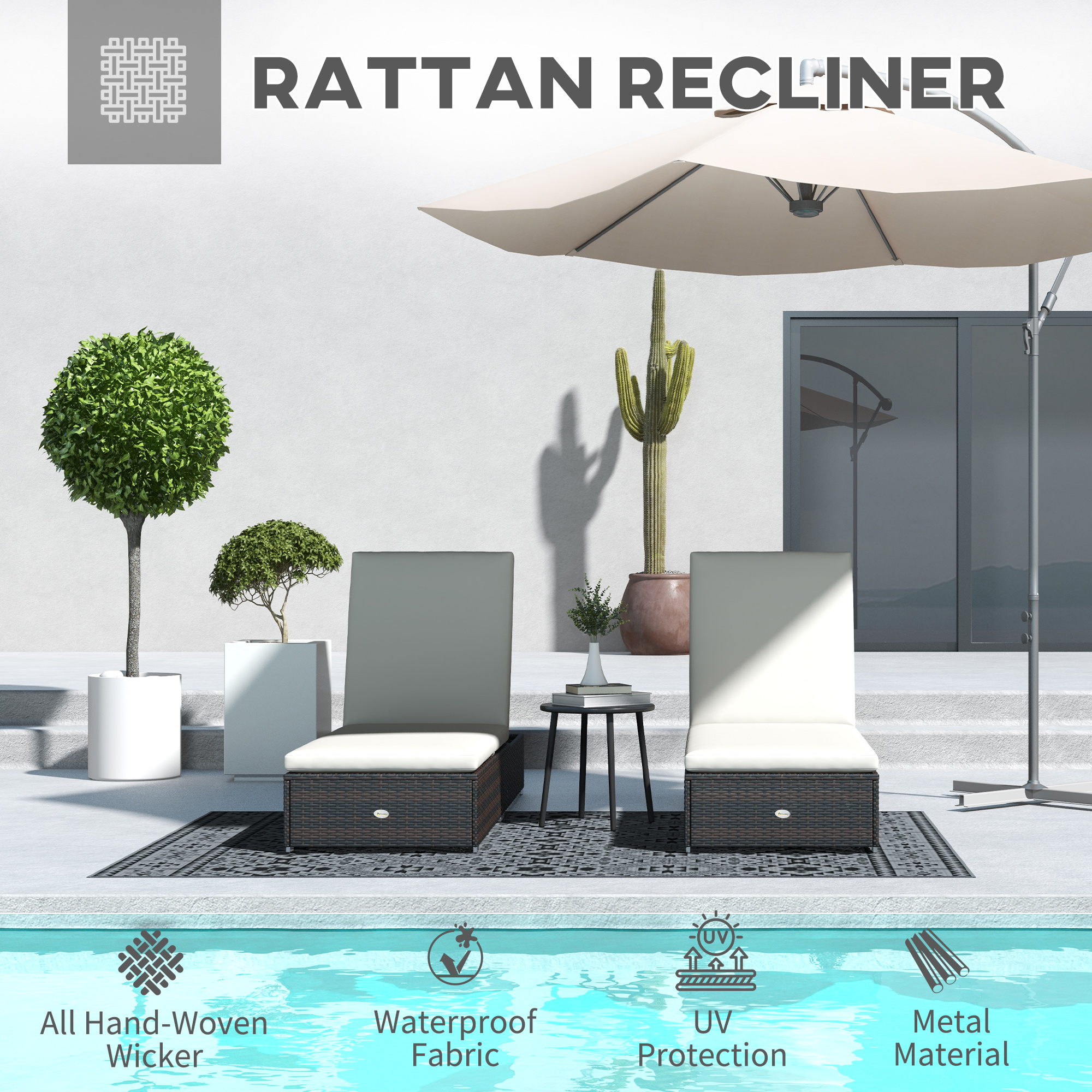 Outsunny Rattan Sun Loungers Set of 2, Recliner Chairs, Adjustable Back, Brown - Image 3