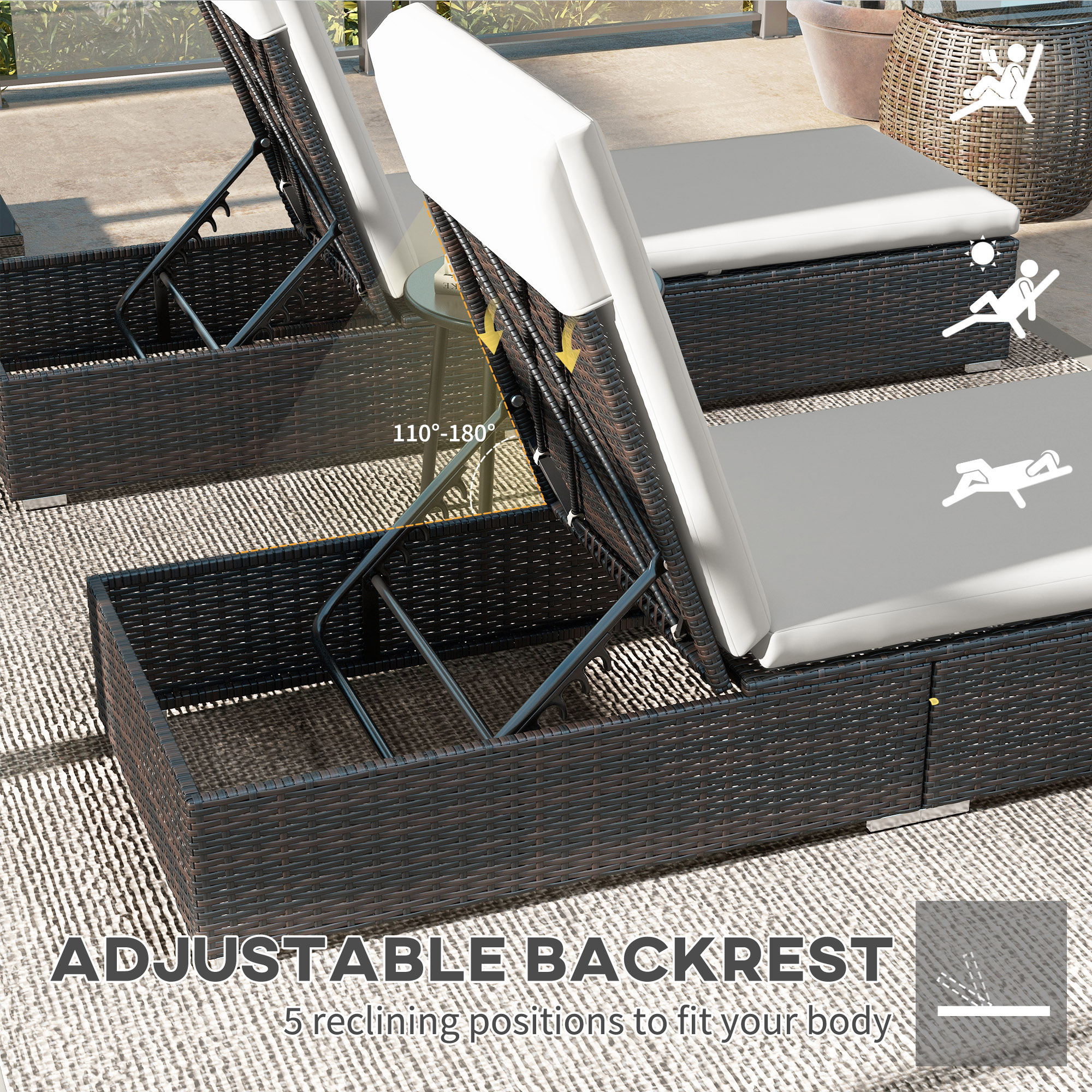 Outsunny Rattan Sun Loungers Set of 2, Recliner Chairs, Adjustable Back, Brown - Image 6