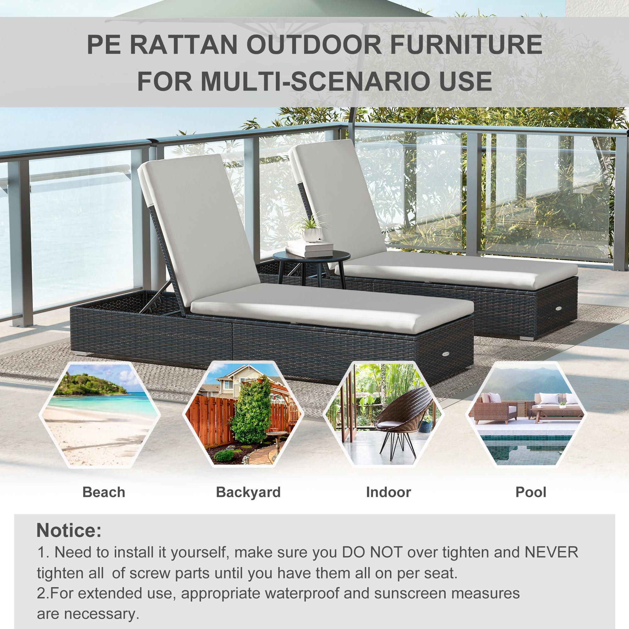 Outsunny Rattan Sun Loungers Set of 2, Recliner Chairs, Adjustable Back, Brown - Image 7