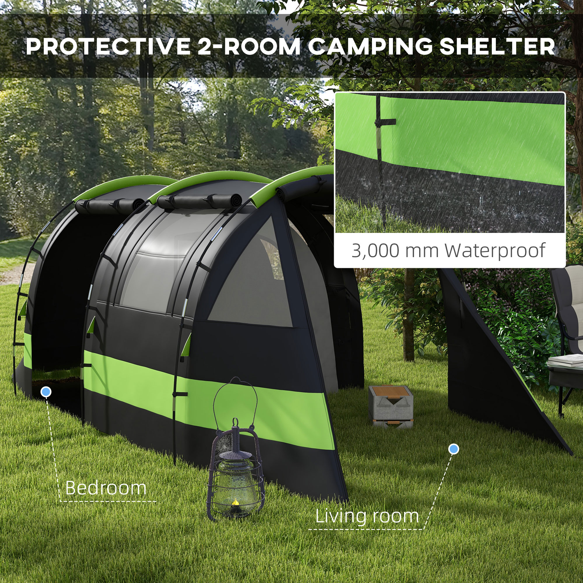 Outsunny Blackout Camping Tent with Bedroom & Living Room for 4-5 Person, Black - Image 3