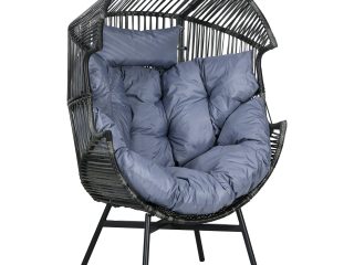 Outsunny Rattan Leisure Chair with Cushion, Garden Egg Chair with Headrest, Grey