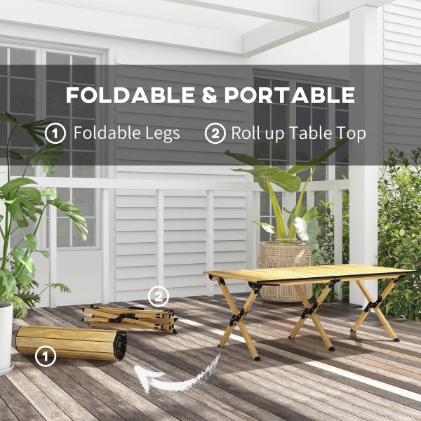 Outsunny Folding Camping Table Aluminium Picnic Table with Roll-Up Top Natural - Image 3