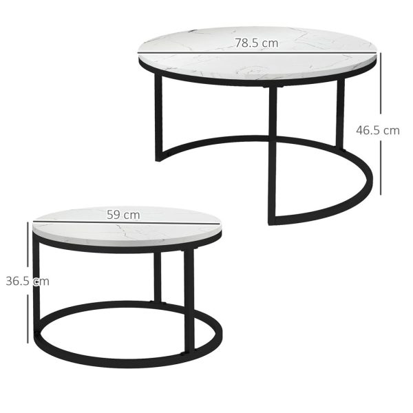 HOMCOM 2 Pcs Stacking Coffee Table Set Steel Frame Marble-Effect Top Foot Pads - Image 3