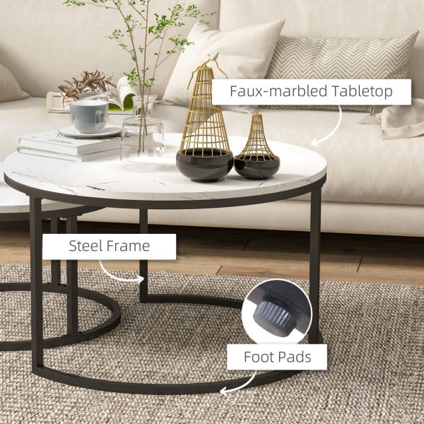 HOMCOM 2 Pcs Stacking Coffee Table Set Steel Frame Marble-Effect Top Foot Pads - Image 6