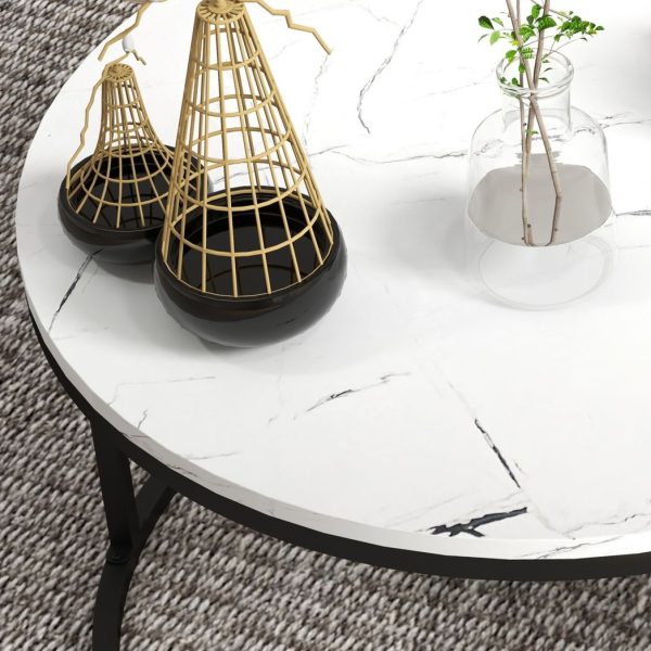 HOMCOM 2 Pcs Stacking Coffee Table Set Steel Frame Marble-Effect Top Foot Pads - Image 7