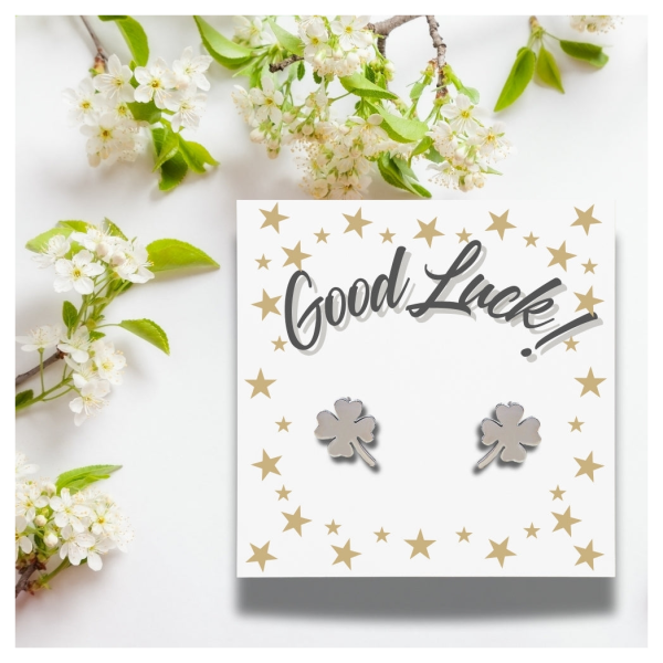 Good Luck Card & Four Leaf Clover Stud Earrings