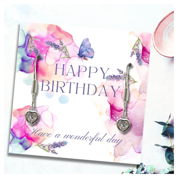 Happy Birthday Heart Earrings & Lavender Butterfly Message Card