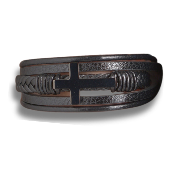 Men's Black Leather Cross Bracelet - Image 2