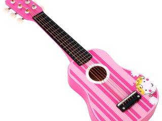 SOKA Wooden Pink Striped Guitar Musical Instrument Pretend Play Music Toy Interactive Role Play Game Early Developmental Gift for Children Toddler Kids Boys Girls Ages 3 year old +