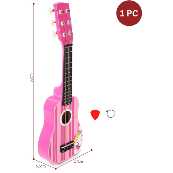 SOKA Wooden Pink Striped Guitar Musical Instrument Pretend Play Music Toy Interactive Role Play Game Early Developmental Gift for Children Toddler Kids Boys Girls Ages 3 year old + - Image 3