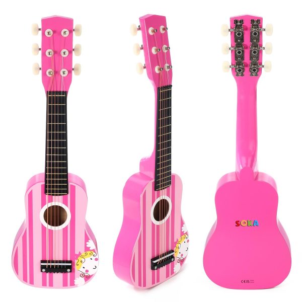 SOKA Wooden Pink Striped Guitar Musical Instrument Pretend Play Music Toy Interactive Role Play Game Early Developmental Gift for Children Toddler Kids Boys Girls Ages 3 year old + - Image 4