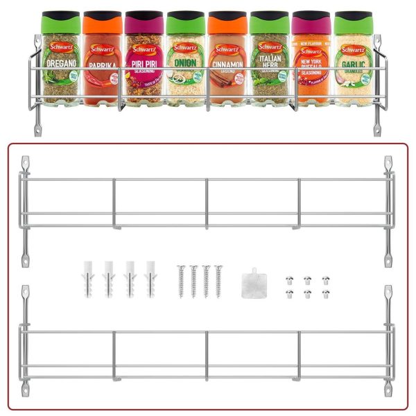 Vinsani 1/2/3/4/5/6 Tier Spice Racks Organiser - 2 Tier Flexible Herb Spices Condiments Jar Cupboard Wall Mounted Hanging Storage with Adhesive Stickers & Screws For Pantry Kitchen (Silver) - Image 8