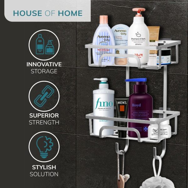 Self Adhesive 2 Tier Aluminium Shower Caddy with Bottom Hooks