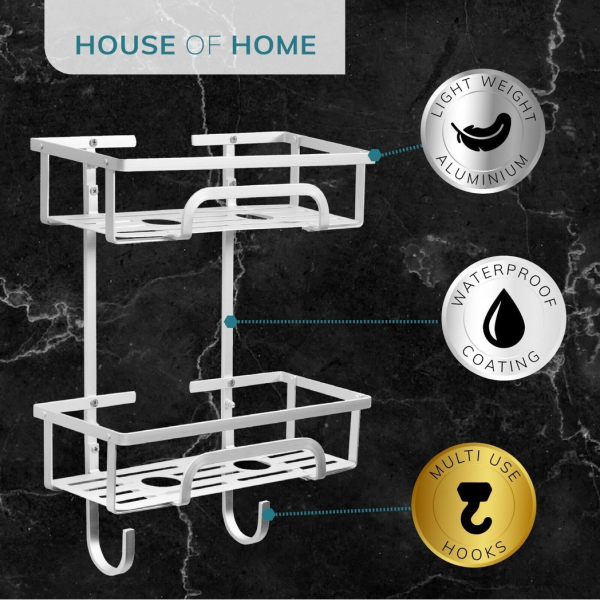 Self Adhesive 2 Tier Aluminium Shower Caddy with Bottom Hooks - Image 2