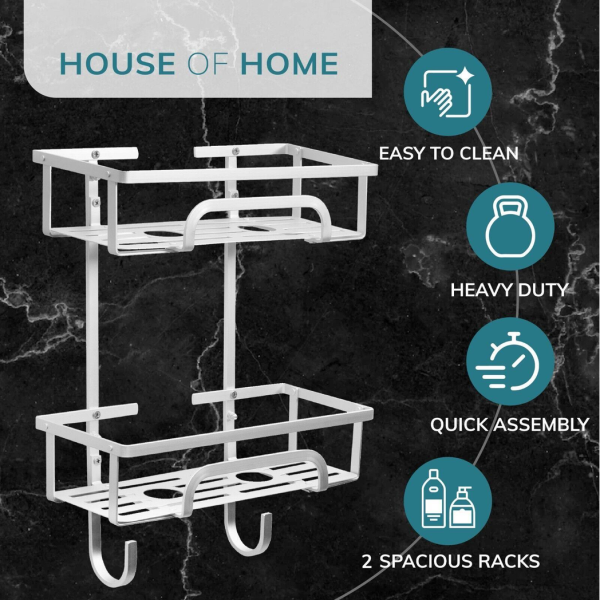 Self Adhesive 2 Tier Aluminium Shower Caddy with Bottom Hooks - Image 4