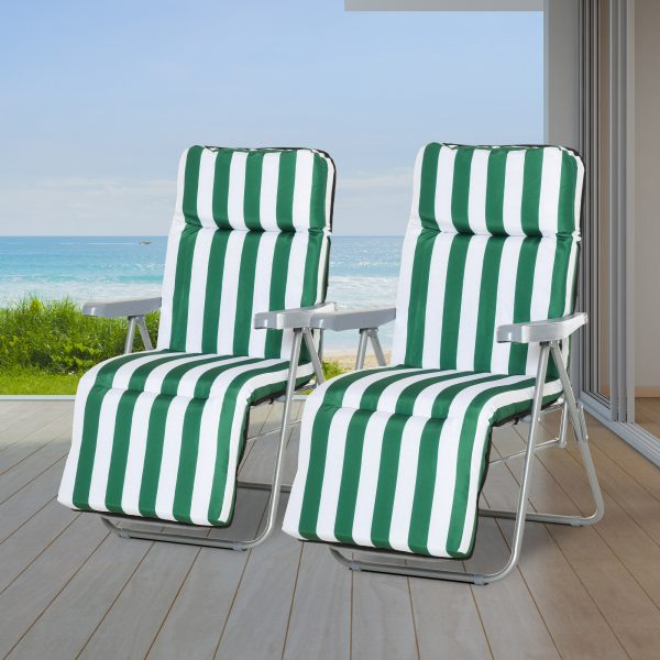 2 Outdoor Sun Recliners Loungers Folding Multi Position Relaxers Chair & Cushion