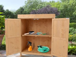 74x43x88cm Garden Shed Storage Wooden Chest Double Doors Shelf Hinged Roof