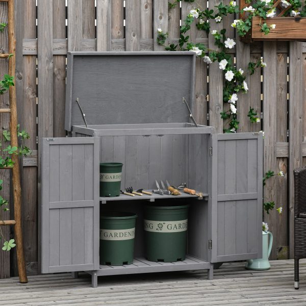 74x43x88cm Garden Shed Storage Wooden Chest Double Doors Shelf Hinged Roof - Image 2