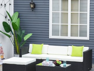 5PC Rattan Furniture Set Wicker Sofa Glass Tempered Tea Table & Cushion Pillows
