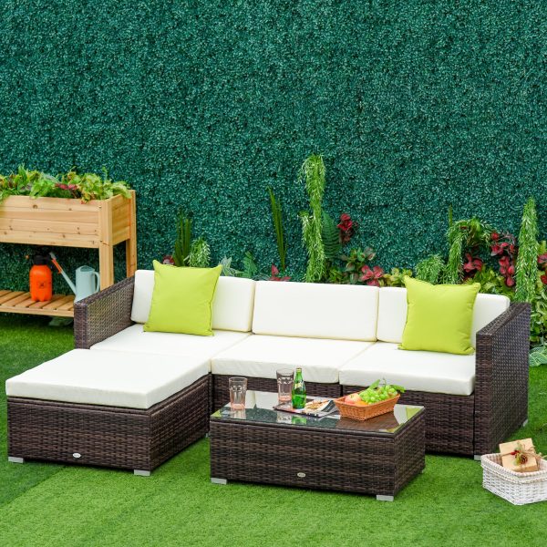 5PC Rattan Furniture Set Wicker Sofa Glass Tempered Tea Table & Cushion Pillows - Image 2