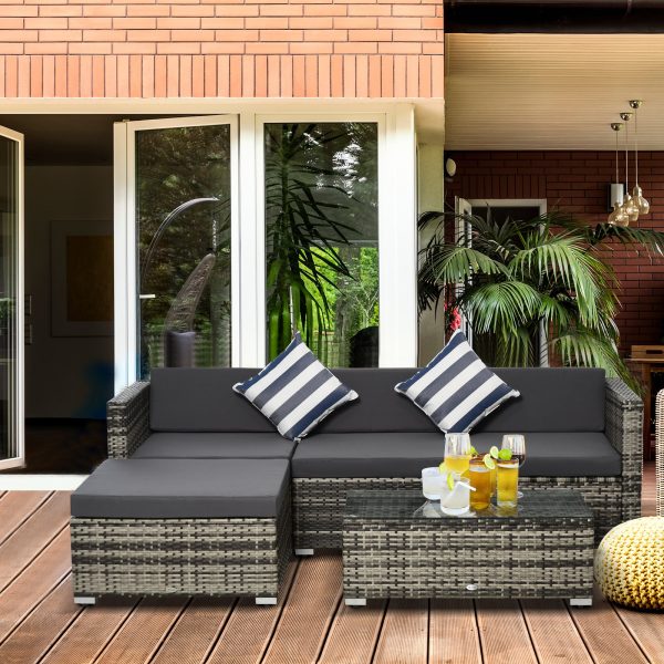 5PC Rattan Furniture Set Wicker Sofa Glass Tempered Tea Table & Cushion Pillows - Image 3