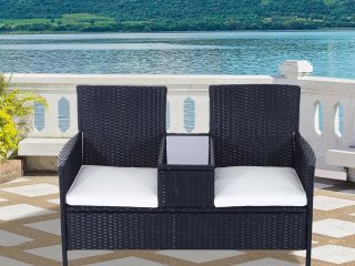 2-Seater PE Rattan Outdoor Garden Bench w/ Centre Table