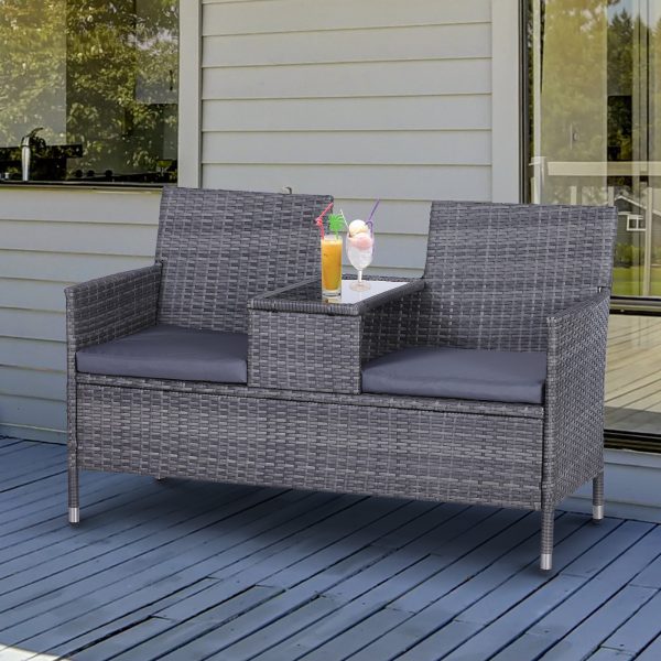 2-Seater PE Rattan Outdoor Garden Bench w/ Centre Table - Image 3