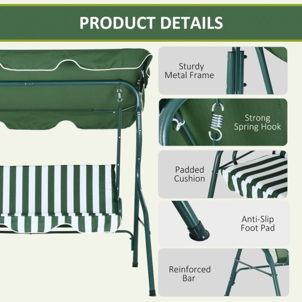 Outsunny 3-person Garden Swing Chair w/ Adjustable Canopy, Green Stripes - Image 4