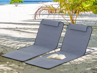 2 Foldable Garden Beach Chair Sun Lounger Seats Metal Frame Head Pillow