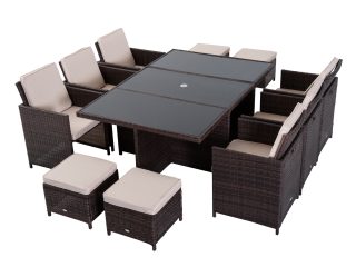 11pc Rattan Garden Dining Set 10 Cube Sofa 6 Chairs 4 Footrests & 1 Table