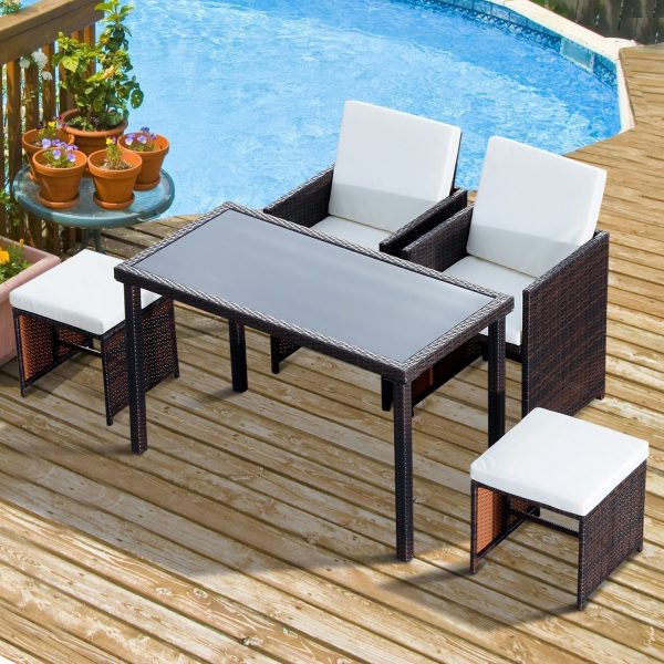 5 PCs Rattan Garden Furniture Wicker Weave Sofa Set Dining Table Chair Footrest - Image 2