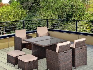 9PC Rattan Garden Furniture Set 8 Wicker Dining Chairs Footrest Table