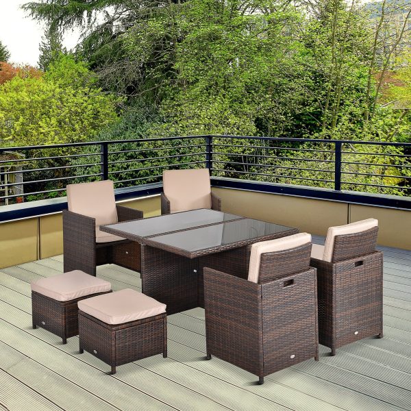 9PC Rattan Garden Furniture Set 8 Wicker Dining Chairs Footrest Table