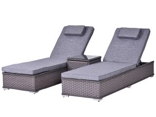 3 Piece Rattan Lounge Set, Side Table, 5-Position Adjustable Recline Chair, Grey