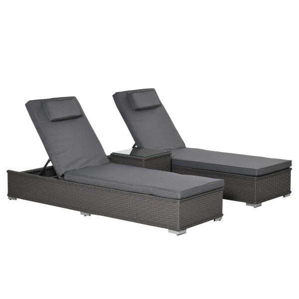 3 Piece Rattan Lounge Set, Side Table, 5-Position Adjustable Recline Chair, Grey - Image 2