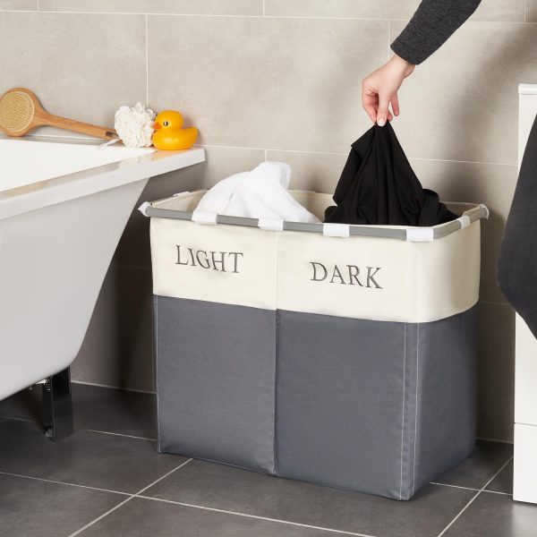 Lights and Darks Folding Laundry Sorter Basket Box Bag Bin Hamper Washing Cloths Storage 2 Compartments Metal - Grey - Image 3