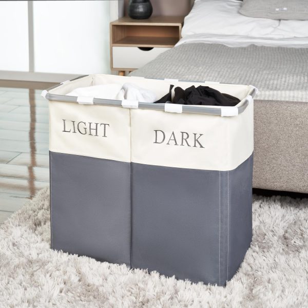 Lights and Darks Folding Laundry Sorter Basket Box Bag Bin Hamper Washing Cloths Storage 2 Compartments Metal - Grey - Image 5