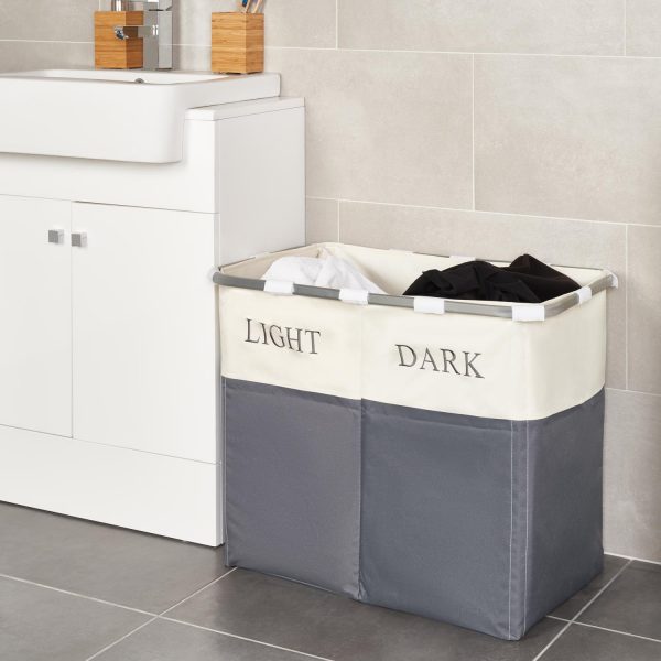 Lights and Darks Folding Laundry Sorter Basket Box Bag Bin Hamper Washing Cloths Storage 2 Compartments Metal - Grey - Image 6